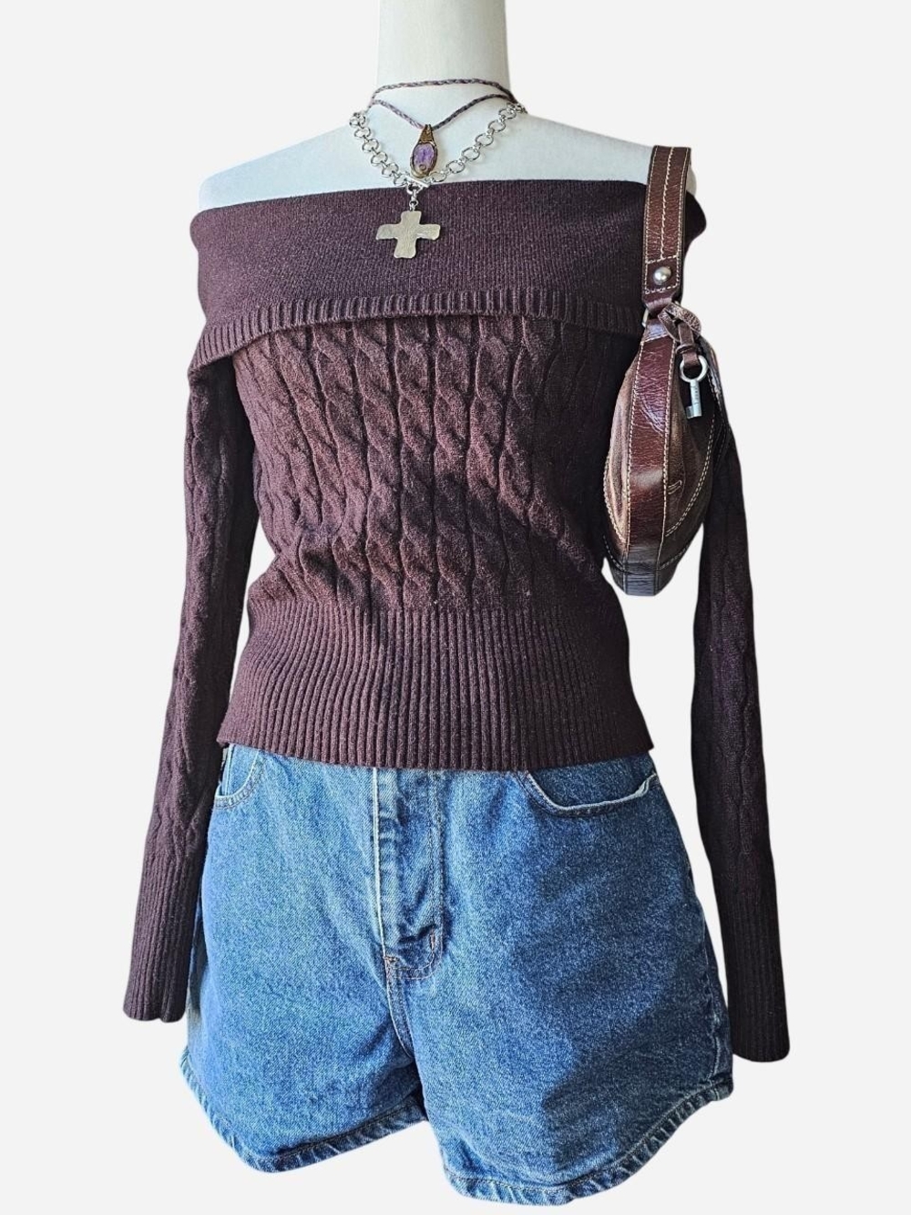 Forever 21 Off-Shoulder Cable Knit Sweater - Brown Large